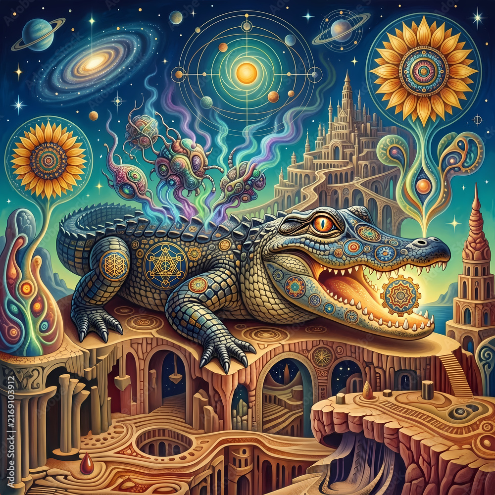 Fototapeta premium Psychedelic crocodile with esoteric symbols resting on an ancient labyrinth under a celestial sky