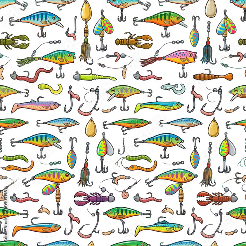 Vibrant fishing lure seamless pattern with tackle gear and hand-drawn illustration elements perfect for aquatic sport and outdoor recreation themes.