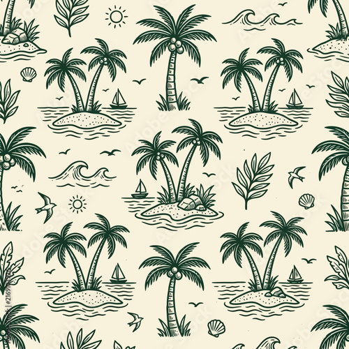 Seamless tropical pattern with palm trees and island paradise in a vintage sketch style, perfect for summer vacation and beach theme decor.