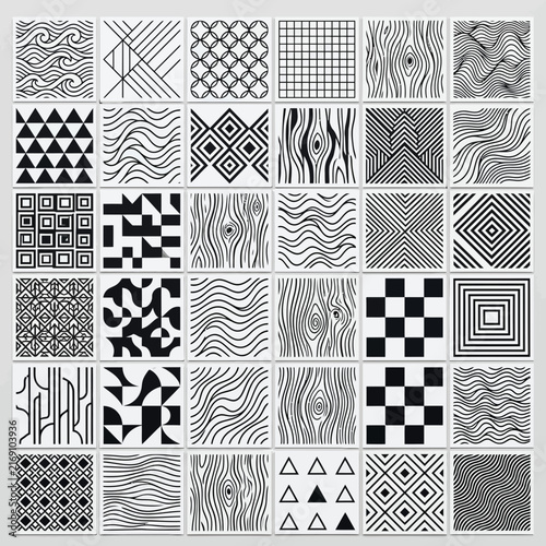 A collection of geometric pattern tiles and abstract grid elements featuring monochrome textures and minimalist design in black and white styles.