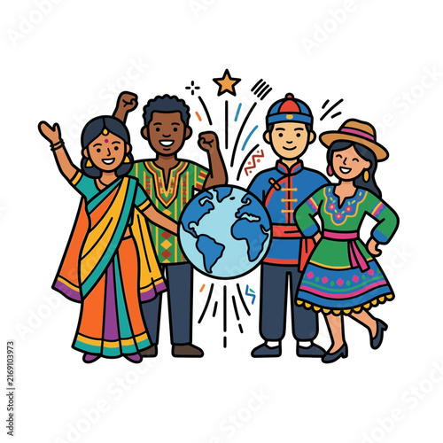 Multicultural diversity concept with global unity where people from around the world stand together by a globe