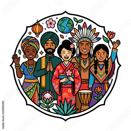 Culture - A celebration of global diversity and unity among people of various cultures, featuring traditional clothing and international heritage.