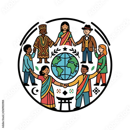 A group representing diversity holding a global globe in unity with people joining hands for peace and international cooperation.