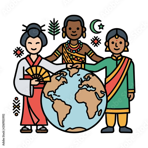 A conceptual illustration of global diversity and unity featuring three diverse women from cultural backgrounds holding hands together above a globe.
