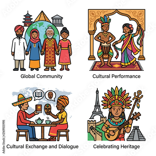 An illustration set representing world culture and human diversity in a global community with various ethnic groups celebrating heritage and