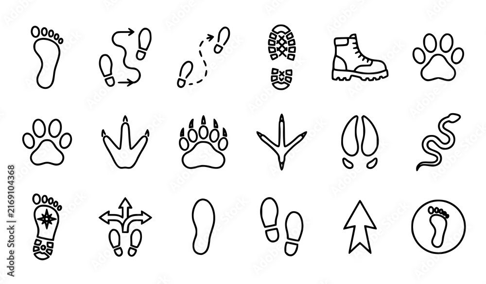 Fototapeta premium Footprint animal track and walking trail outline vector icon collection