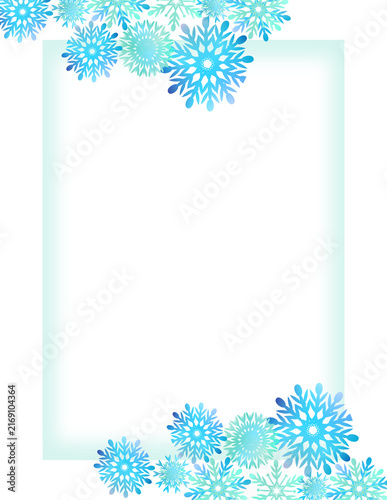 icy blue snowflake border template with glowing light frame on transparent background.
