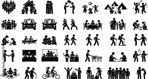 Stick figure family and community activities glyph icon set displaying household lifestyle hobbies and social gatherings
