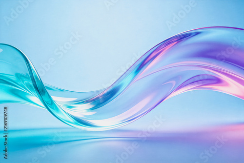 A smooth, flowing abstract artwork featuring translucent pastel curves in soft blue, cyan, purple and pink tones, creating an elegant modern visual design.