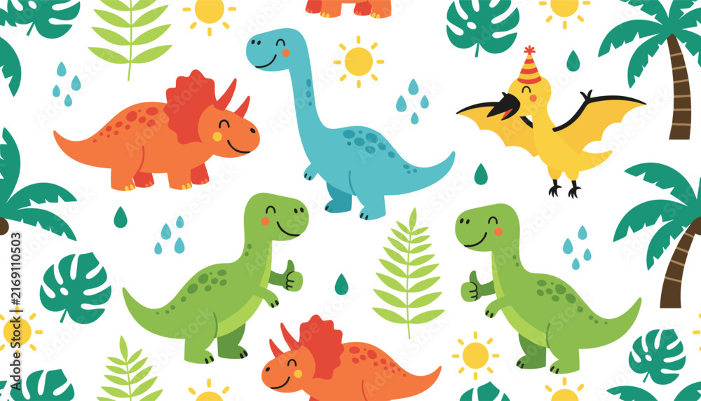 Fototapeta premium Seamless vector pattern of cheerful colorful dinosaurs and tropical palm trees on clean white background.