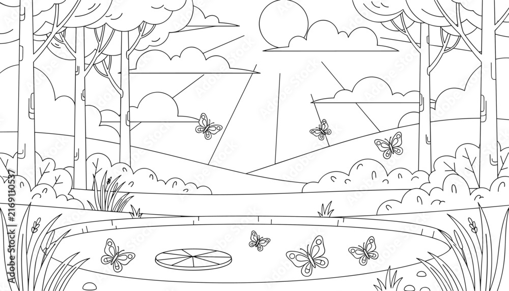 Fototapeta premium Detailed coloring page featuring flying butterflies around a tranquil forest pond on a bright sunny day.