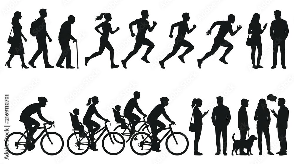 Obraz premium Set of human silhouettes showing people walking, running, cycling and standing in daily life.