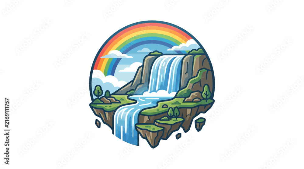 Fototapeta premium Vibrant cartoon illustration of a floating island with a majestic waterfall and a colorful rainbow arching over it, set against a blue sky.
