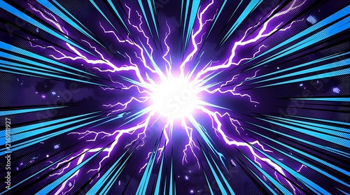 Bright white light explodes outwards with vibrant blue and purple lightning effects.