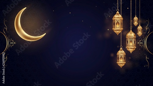 Golden crescent moon with hanging decorative lanterns on dark background