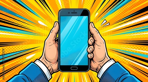 Smart phone gadget in hands comic book pop art retro style vector illustration