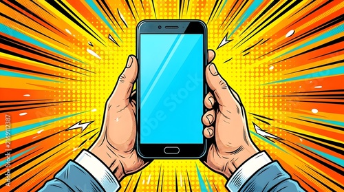 Smart phone gadget in hands comic book pop art retro style vector illustration
