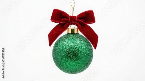 Sparkling Green Christmas Ornament with Red Velvet Bow on White Background
