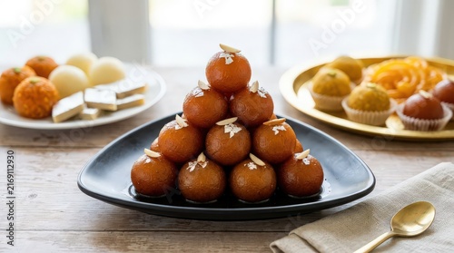 Delicious Gulab Jamun Pyramid with Assorted Indian Sweets for Festive Celebrations
