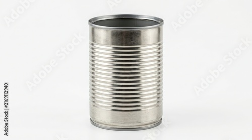 Empty Silver Metal Food Can with Ridges Isolated on White Background