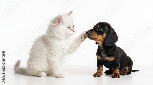 Adorable Kitten and Puppy Playing Together on White Background