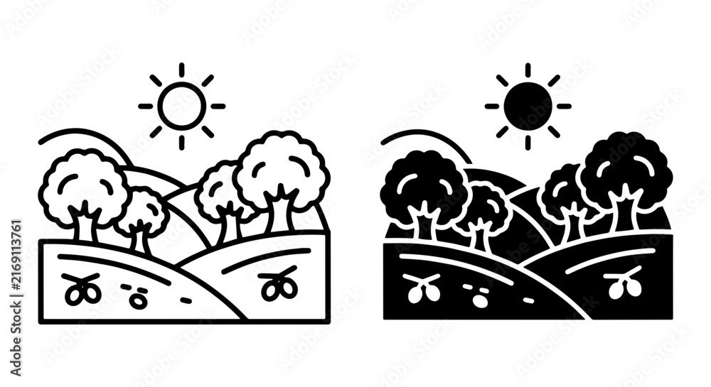 Fototapeta premium Rural Landscape Icons, Countryside Scene Vector Art, Nature Hills and Trees, Sunny Day Graphics