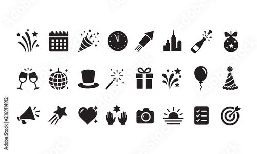 New Year 2027 Solid Black Vector Icon Set  24 Unique Celebration Icons