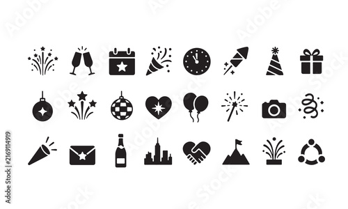 New Year 2027 Solid Black Vector Icon Set  24 Unique Celebration Icons