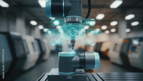 A close-up photorealistic shot of an advanced multi-axis robotic milling spindle carving a prototype component with an interconnected futuristic holographic data interface.