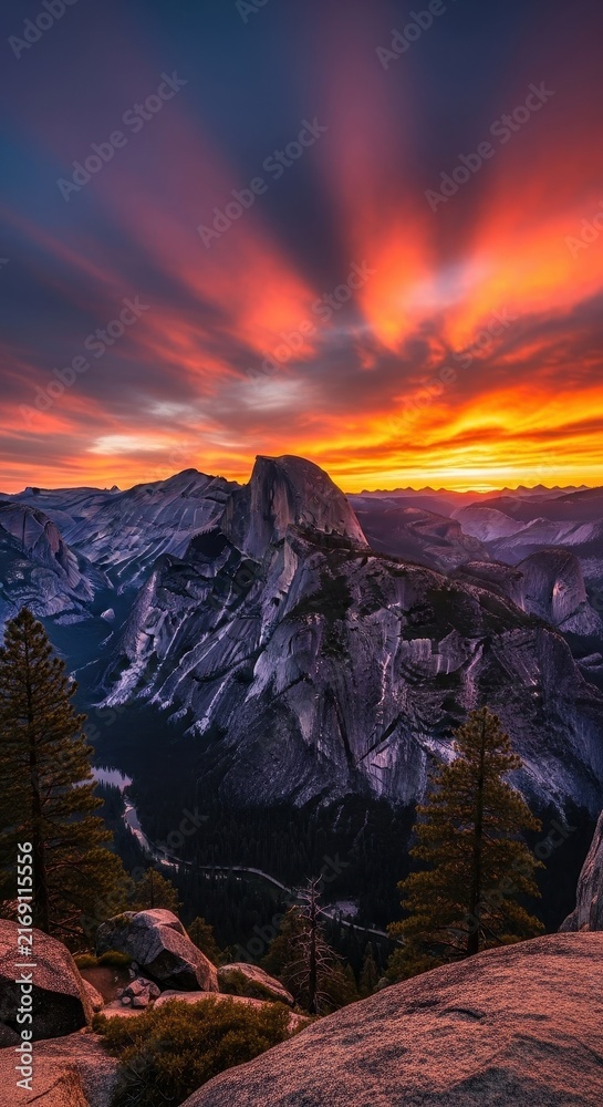 Naklejka premium Dramatic Sunset Over Mountain Peaks and Valley.