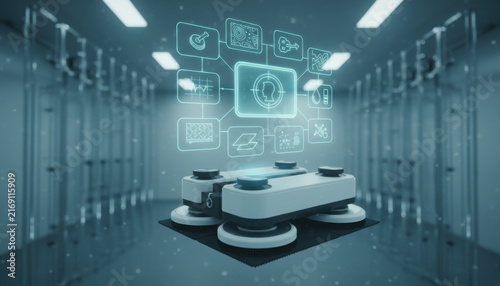 High-tech automated window cleaning robot on a glass surface with a futuristic glowing blue holographic digital control panel showing data and diagnostics