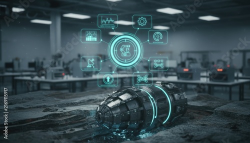 Detailed close-up of a futuristic autonomous mining drill head in subterranean rock with a floating cyan holographic control interface and blurred industrial background