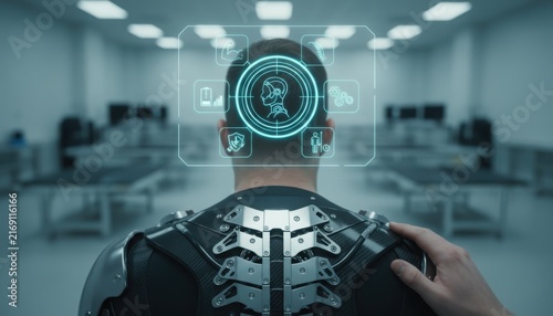 Detailed view of a man wearing a futuristic carbon fiber exoskeleton spine support with a glowing holographic digital health interface in a high-tech medical laboratory