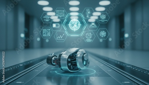 High-angle close-up of a futuristic robotic prosthetic knee on a technical surface with a complex holographic digital interface displaying gait mechanics and medical data