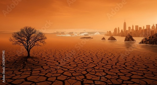 Dry cracked earth with lone tree and distant city skyline.