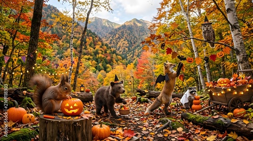 Autumn harvest mountain forest scene with cute wild animals squirrels and pumpkins in fall woodland landscape for corporate stock photo presentation website background header element