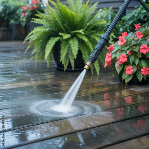 Pressure washing wooden deck with water spray for home maintenance and exterior cleaning.