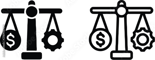 Cost benefit analysis icon set white glyph style collection. Financial balance scale icon. Money value and cost benefit analysis concept. Flat vector illustration isolated on transparent background.  