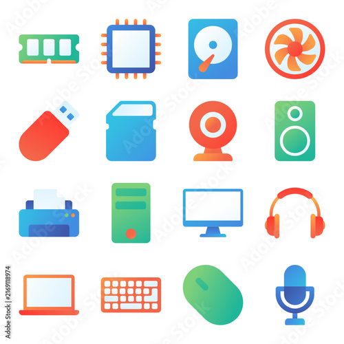 Computer Hardware and Peripheral Icons Set with Colorful Gradient
