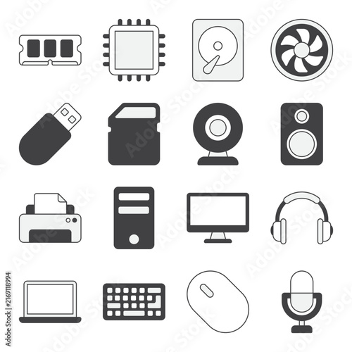 Computer Hardware and Peripheral Outline Icons Set