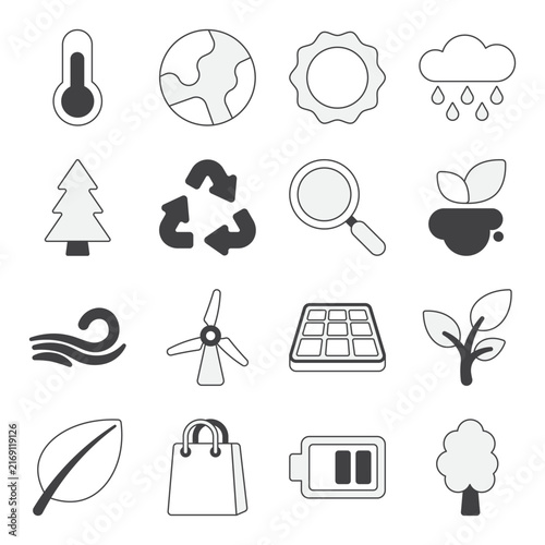 Renewable Energy and Eco Green Outline Icons Set