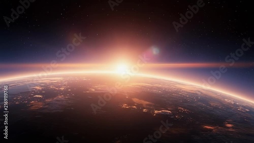 Stunning sunrise over a distant planet horizon with breathtaking cosmic landscape and vibrant sky colors