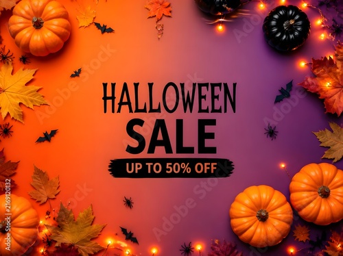 Halloween Sale Promotion with Pumpkins and Autumn Leaves