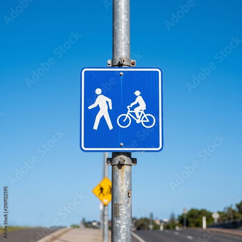 Pedestrian and Cyclist Crossing Sign Against a Blue Sky