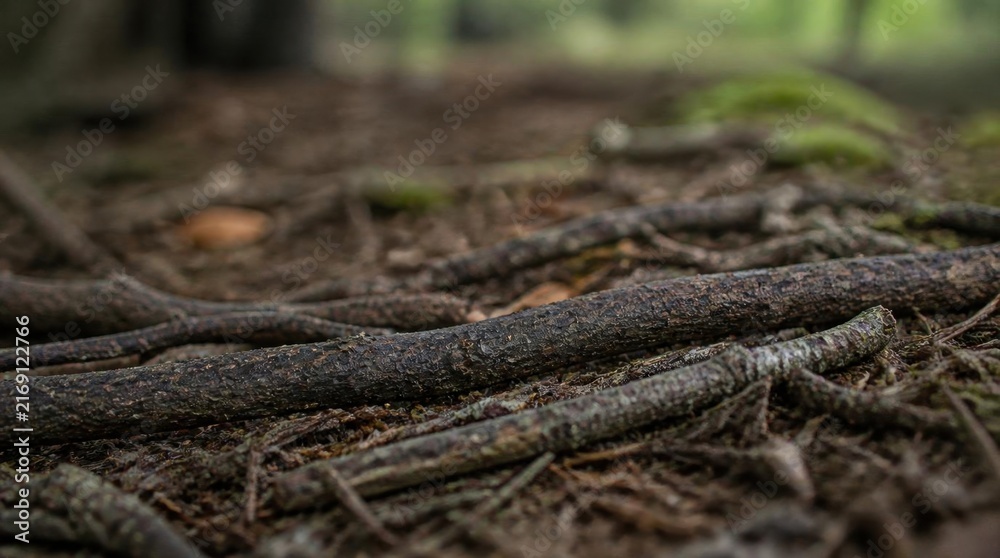 Fototapeta premium Detailed texture of gnarled tree roots and moss on a forest floor, with shallow depth of field creating a blurred background.