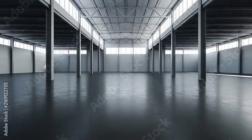 Spacious industrial warehouse interior with reflective gray epoxy floor coatings featuring modern architecture and ample copy space for commercial advertising.