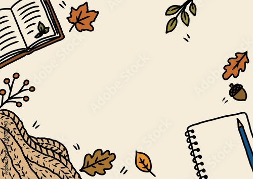 Cozy Autumn Reading & Journaling Background with Copy Space. Warm rustic doodle illustration suitable for planners, journals, stationery, seasonal social media designs and cozy lifestyle projects.