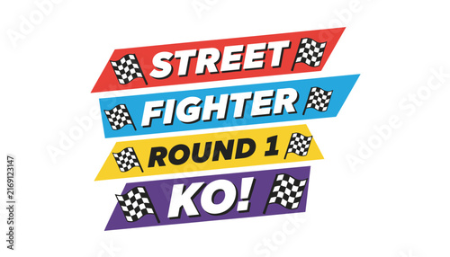 Colorful gaming banners with checkered flags displaying street fighter round one and knock out text for retro arcade tournament.