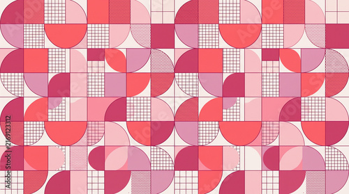 Pink Red Geometric Seamless Pattern Vector Background with Half Circle and Grid Design