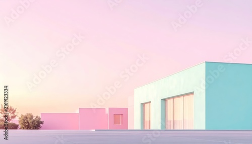 Pastel Minimalist Modern Buildings Standing Under Soft Pink Sunset Sky